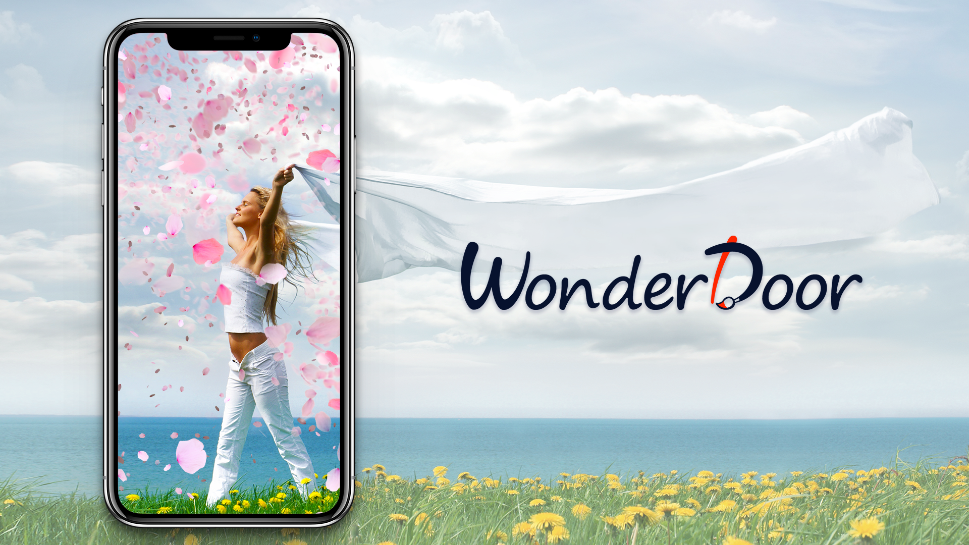 女性がARの花びらを浴びる様子の「Wonder Door」イメージ画像
