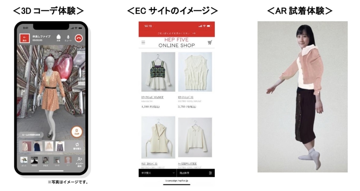 大阪・梅田の「HEP FIVE」にて開始されるARを活用したファッション体験に関する実証実験の体験イメージ