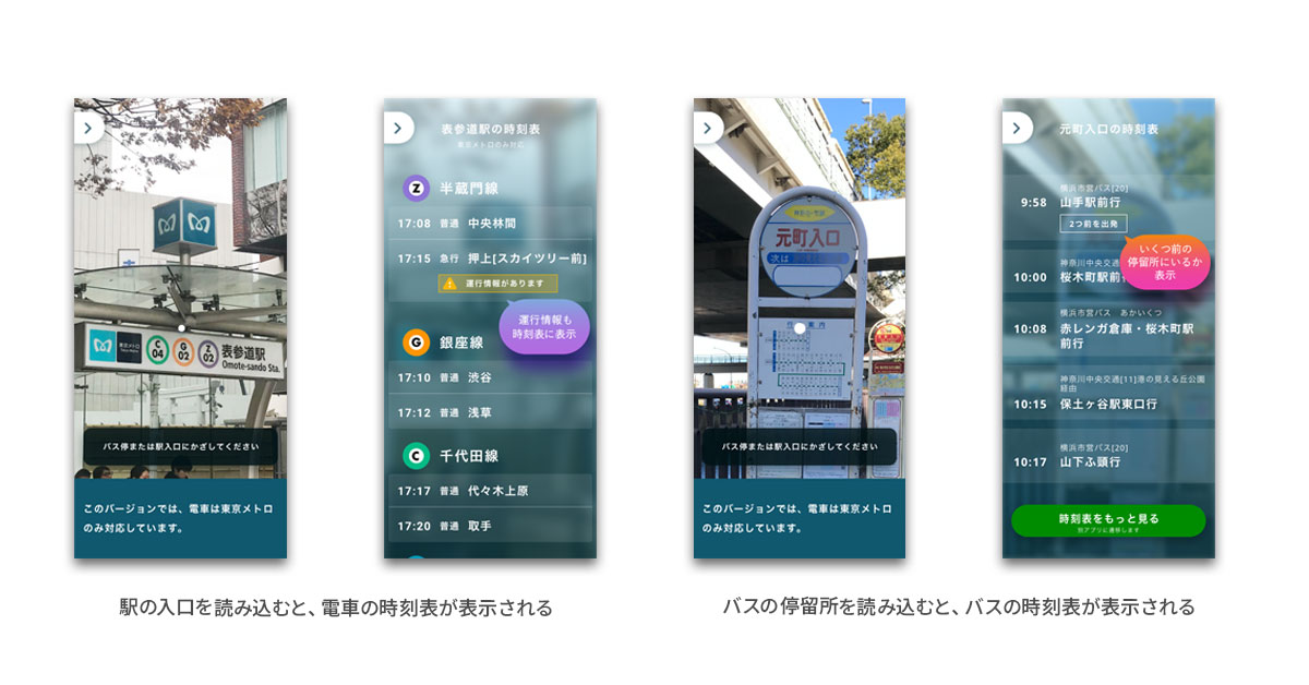 駅やバスの停留所にARアプリとしてかざすと時刻表や関連情報を確認できる
