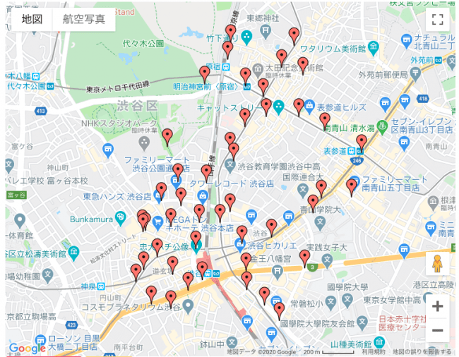 ARスポットとしてTUMBLEBUR株式会社が提供している渋谷駅・原宿駅・表参道駅付近約50ヶ所の一部