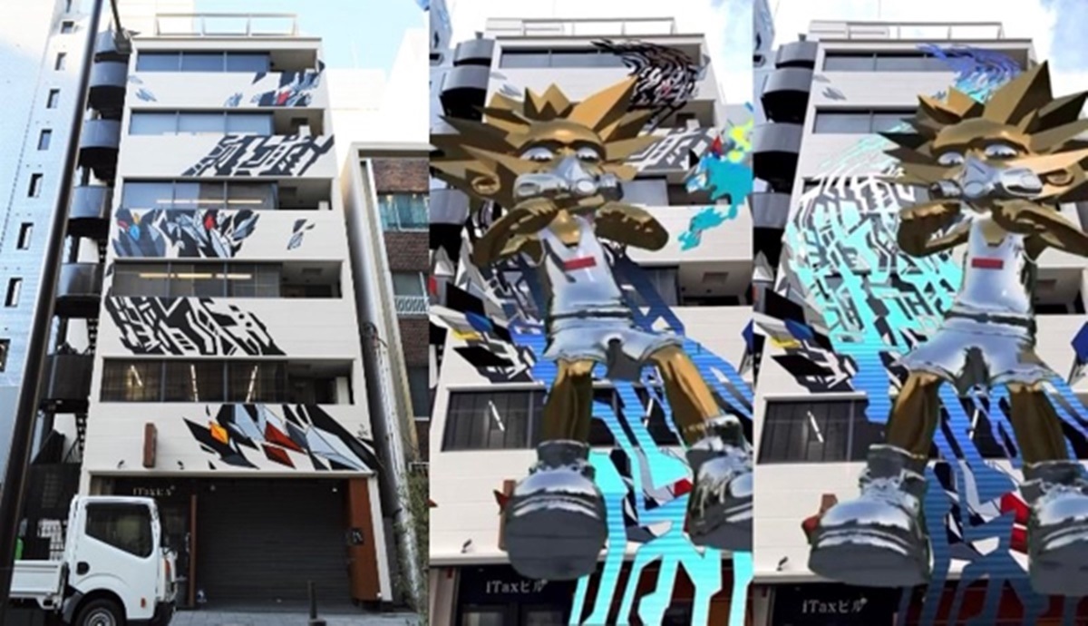 “淀屋橋のオフィス街に巨大ARアートが登場するプロジェクト体験風景"