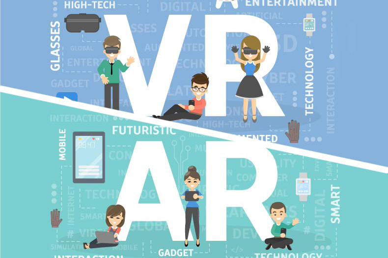 「VR」「AR」という文字の前でウェアラブルデバイスを装着したり、スマートフォンやタブレットを見たりしている人々のイラスト
