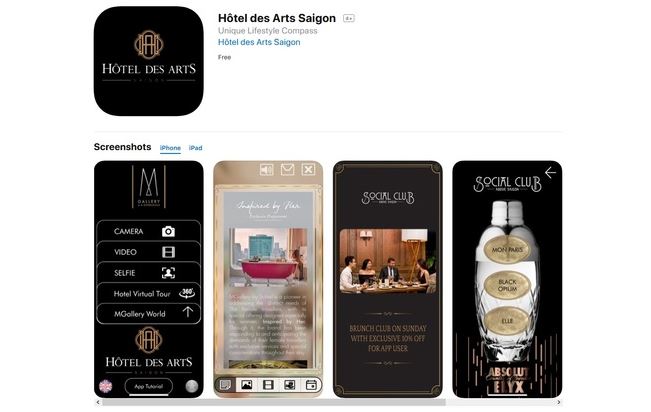 ホテルが提供する公式アプリ「hotel des Arts Saigon」のスクリーンショット