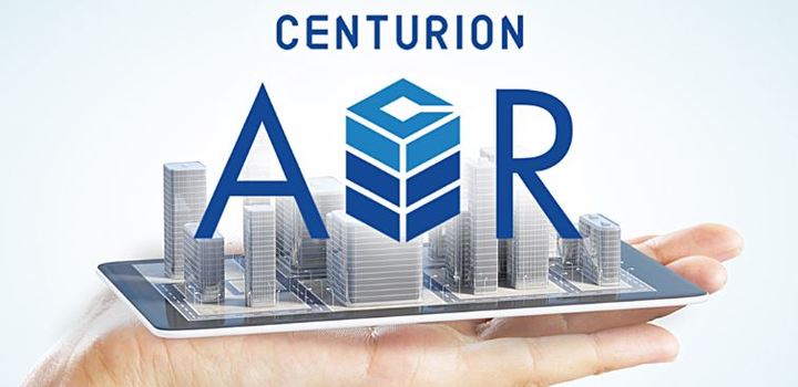 CGの建築物と「CENTURION AR」ロゴ