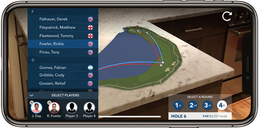 アプリ「PGA TOUR AR」を起動した様子 画面中央にはホール全体図を再現したCG、画面左にはリスト化された選手情報