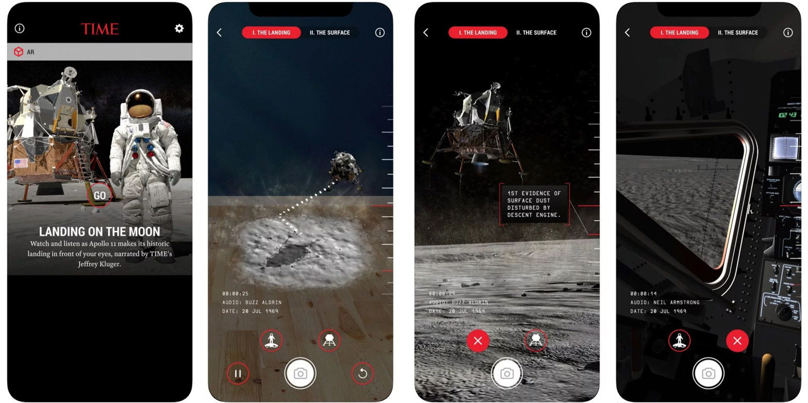 アポロ11号の月面着陸を追体験できるARアプリの操作画面