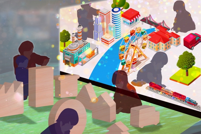 『ARツミキタウン』での「住育」イメージ。ツミキを読み込むと街が表示される。