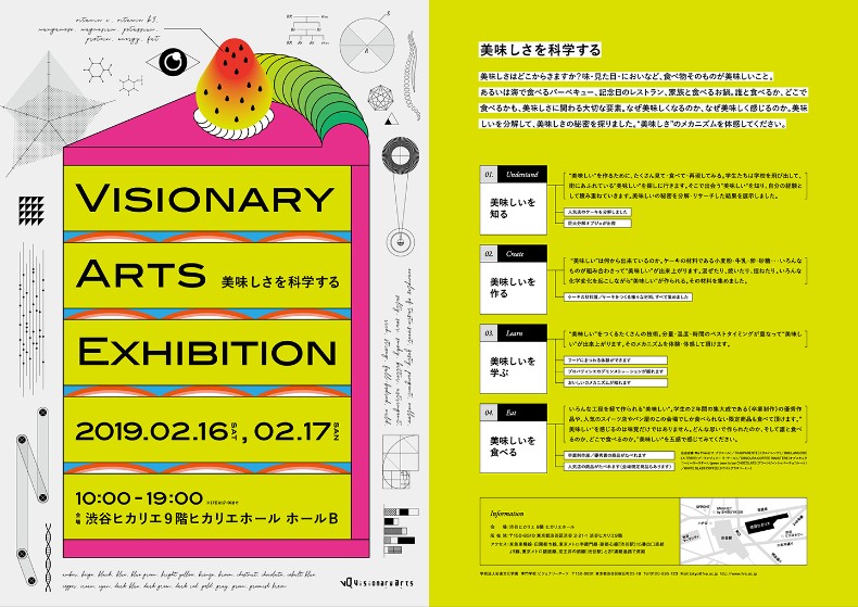 ピンクと黄色のケーキをかたどった、展示会「VISIONARY ARTS EXHIBITION-美味しさを科学する-」のパンフレット。展示会コンセプトやアクセスも記載